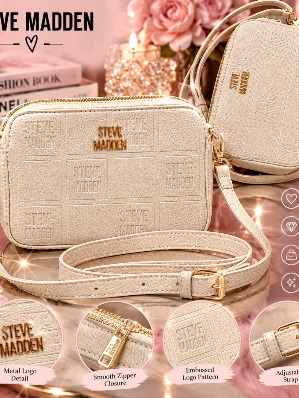 Steve Madden Cream Embossed Logo Crossbody with Gold Hardware